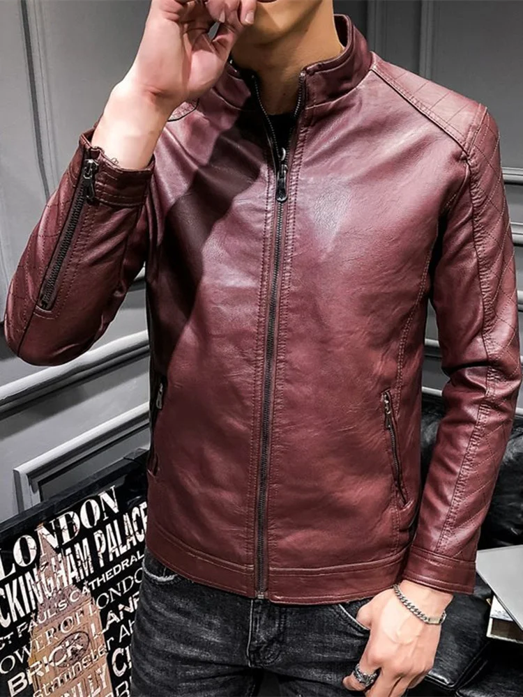 

Men's Spring and Autumn New Casual Slim Solid Color Plus Velvet Thin Soft Leather Jacket Long Sleeve Jacket Windproof 3 Colors