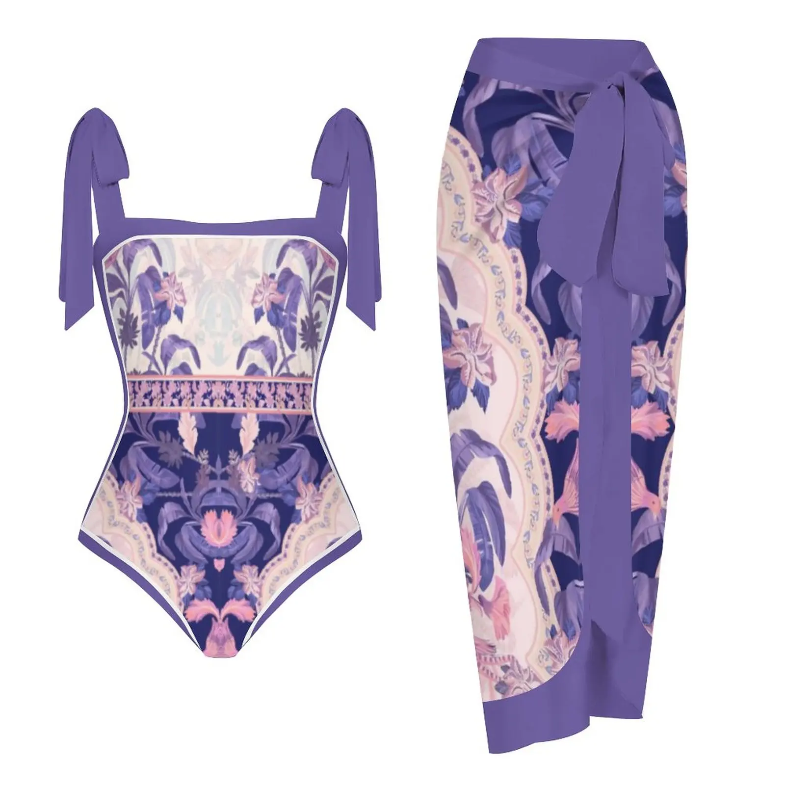 

Vintage Purple Print One Piece Swimsuit with Skirt Fashion Open Back Swimwear Plus Size Sexy Bikini 2023 Women Bathing Suit