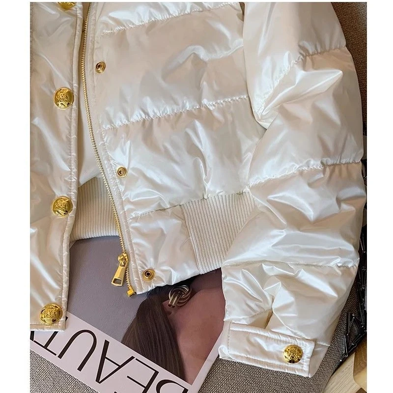 Chic Design White Parkas Women Puffer Jacket Puffy Coat Button Winter Warm Thick Long Sleeve Short Stand Collar Outerwear