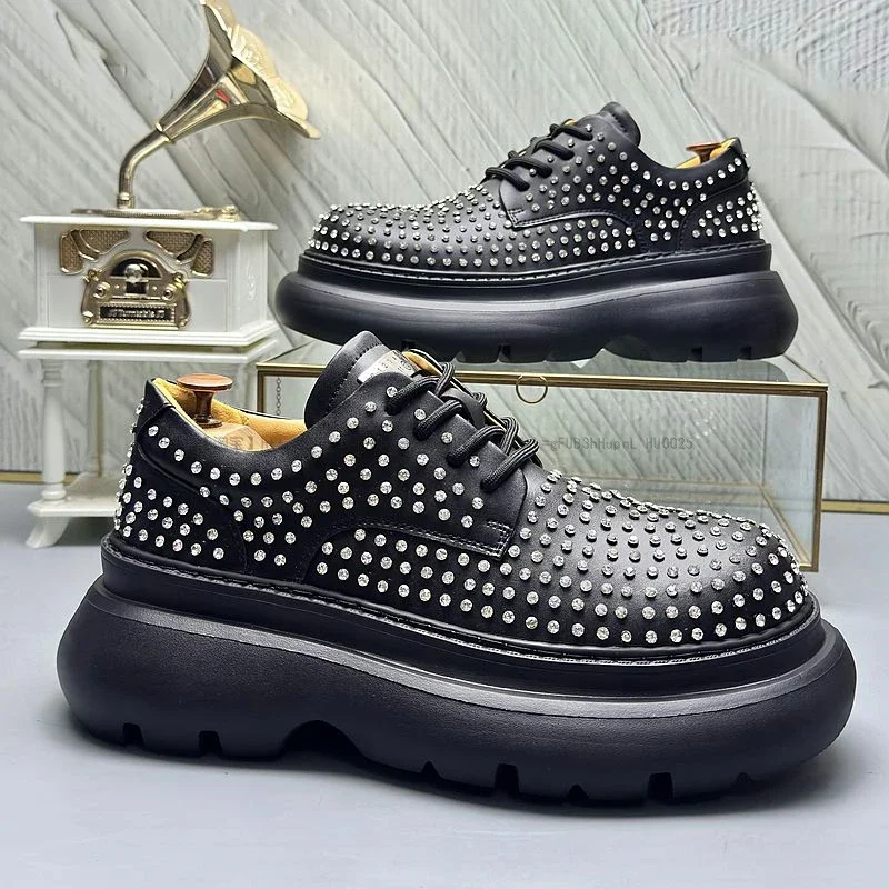 Мужские повседневные кожаные туфли со стразами и круглым носком на платформе с