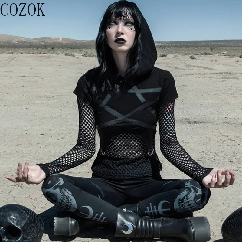 

COZOK 2022 Summer Punk Top Women's Clothing Slim Fit Slimming Pentagram Broken Mesh Patchwork Hoodie Y2k Top