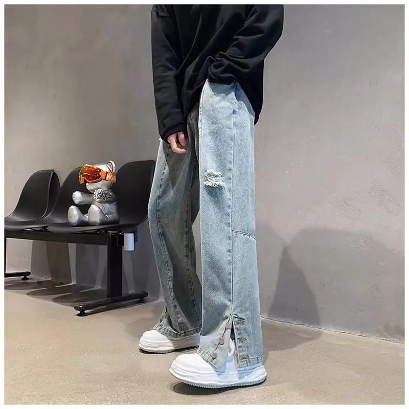 Fashion Street Style Ripped Jeans Men Vintage Wash Solid Denim Trouser Mens Casual Slim Pencil Denim Pants Y2k