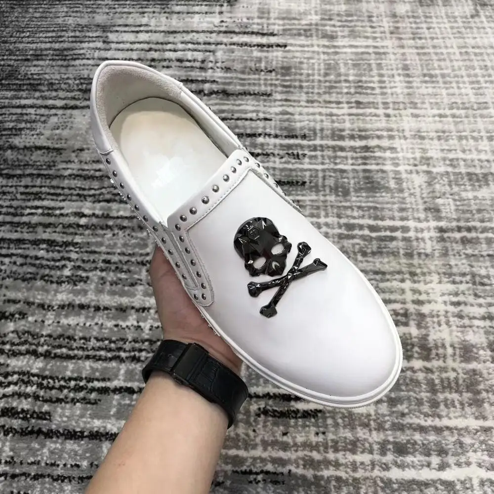

Handmade Black Rhinestone Skull Men's Leather Loafers Wedding Party Men Shoes Luxury White Noble Elegant Dress Shoes for Men