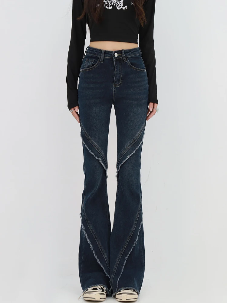 

Women Vintage Y2K Design Flared Jeans Gothic Blue Denim Pants Drawstring Long Trousers Ins Street Gyaru 2000s Aesthetic New Tide