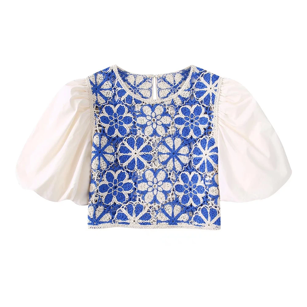 

Women's 2022 Chic New Crochet Pattern Poplin Patchwork Top Short Temperament Retro Puff Sleeve Fashion Female Round Neck Tops