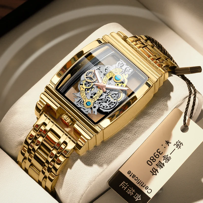 

Hollow-out Watch with Wine Barrel Motorbike Gears Tourbillon Leather Strap Night Light Male Personality