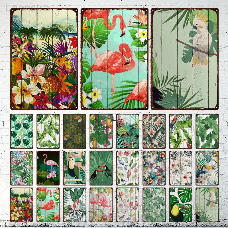 

Nordic Style Metal Poster Metal Tin Sign Tropical Plant Green Leaf Flamingo Metal Plate Plaque Wall Decor Man Cave Bar Pub Club