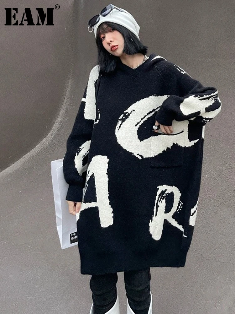

[EAM] Letter Big Size Long Knitting Sweater Loose Fit Hooded Long Sleeve Women Pullovers New Fashion Spring Autumn 2023 1DH0795