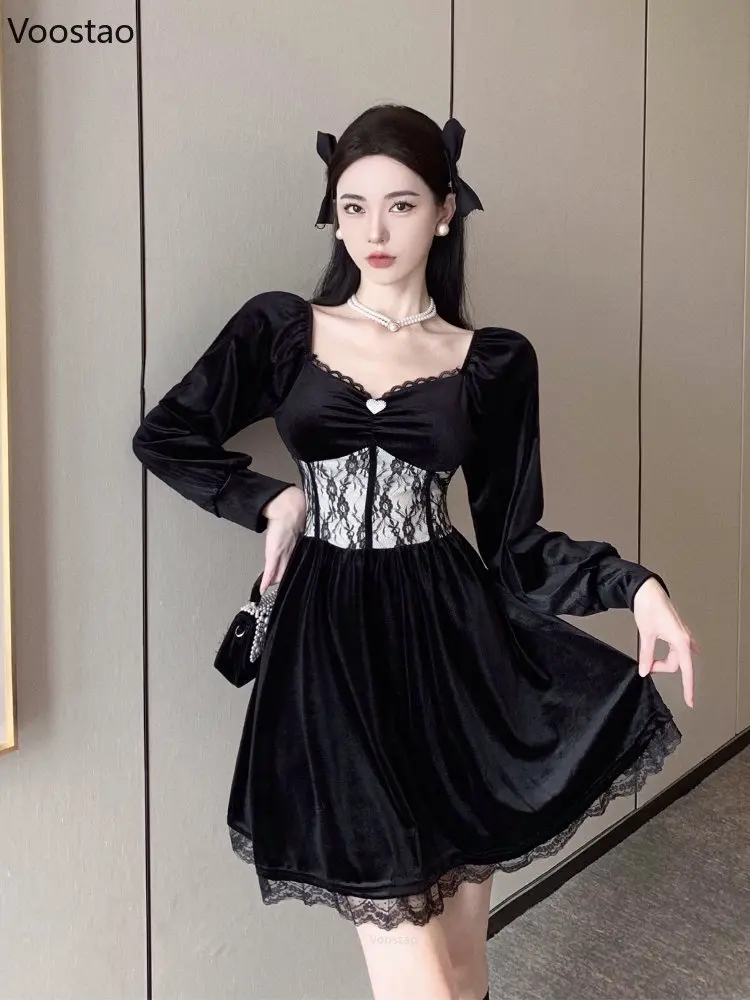 

Autumn Gothic Elegant Princess Dress Women Sweet Vintage Square Collar Lace Patchwork Black Velvet Dresses Female Slim Vestidos