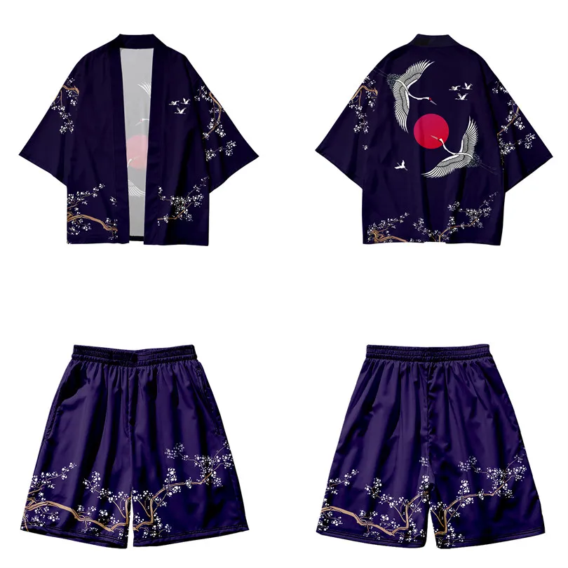 

Novelty Two-piece Suit Japanese Cardigan men Cosplay Crane Red Sun Print Yukata Kimono Shorts Sets Patchwork Asian Traditional