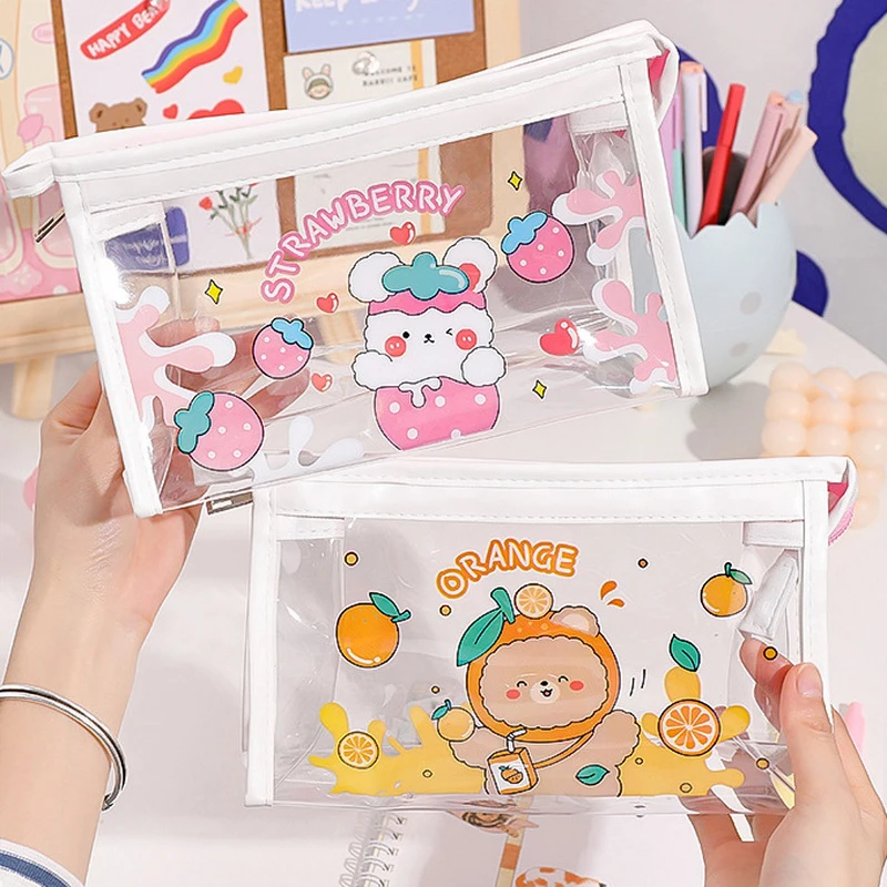 Cute PVC Triangular Transparent Pen Case Storage Stationery Bag Pencil Box Large Capacity Cosmetic Kids Gift