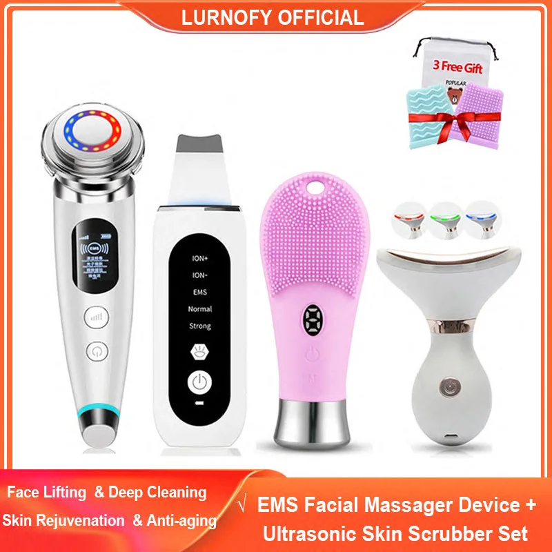 

EMS Microcurrent Facial Massager Skin Rejuvenation Ultrasonic Skin Scrubber Face Cleaning Brush LED Light Therapy Beauty Device