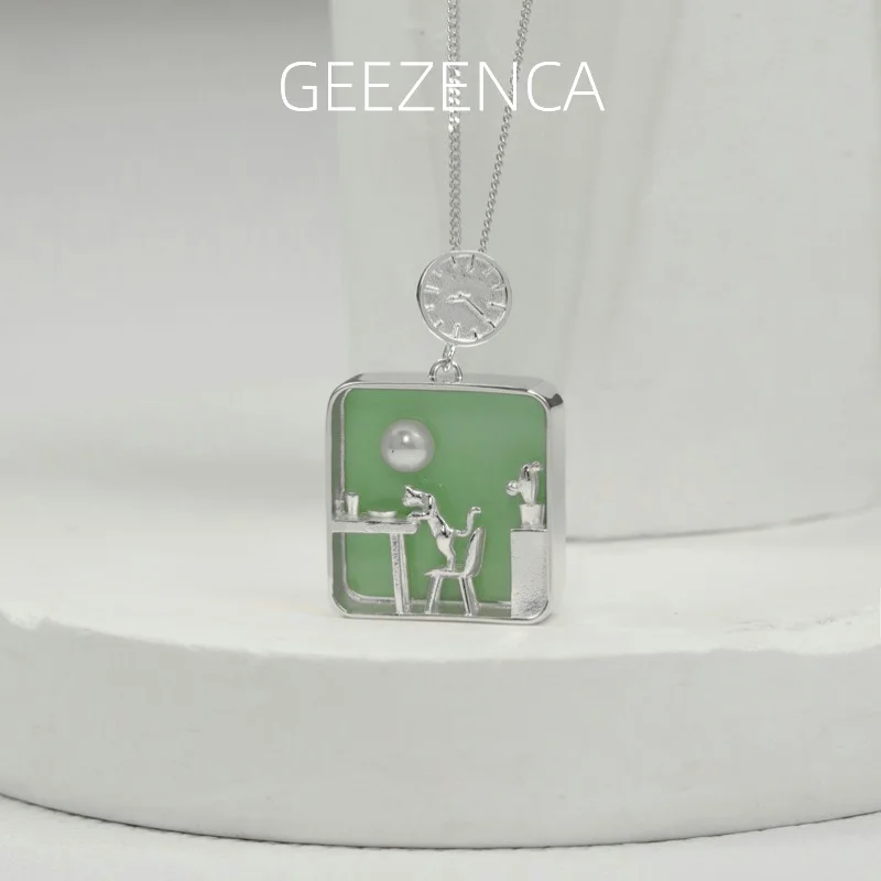 Фото GEEZENCA стерлингового серебра 925 пробы, зеленое, черное стекло, квадратное жемчужное ожерелье с изображением кошки, подвески без цепочки для женщин, 2024, новый подарок на вечеринку №1