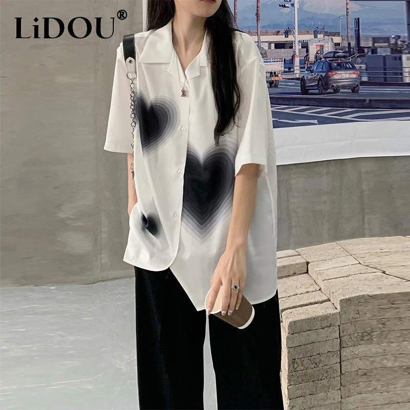 

2022 Summer Personality Streetwear Heart Printing Simple Short Sleeve Blouse Femme Loose Casual All-match Cardigan Shirt Women