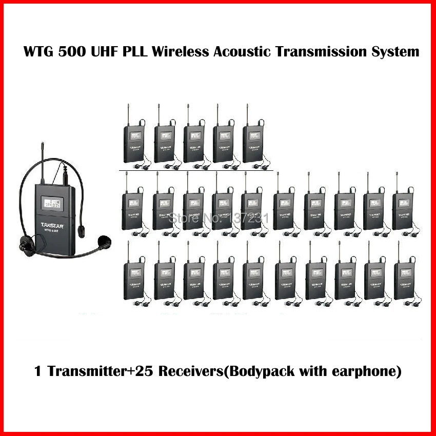 Горячая беспроводная система передачи звука Hot Takstar WTG-500/WTG 500 UHF PLL: 1 передатчик + 25 приемников + 1 микрофон с гарнитурой + 25 наушников.