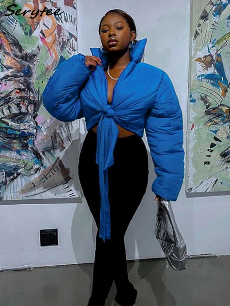 

Serytee 2022 зимние теплые хлопковые трендовые пальто для женщин с бантом с длинным рукавом Куртка наряды уличная мода Мода Синяя парка верхняя о...