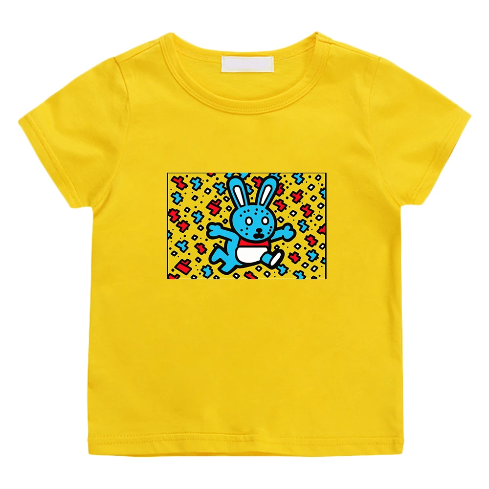

K-keith H-haring Rabbit Print T-shirt 100% Cotton Boys and Girls Tee-shirt Short Sleeve Casual O-neck Tshirts for Children Tees