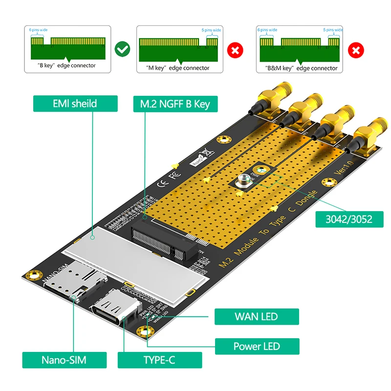 M.2 3G/4G/5G Module to Type C Riser with 2.4/5G Antenna NANO SIM Card Slot + USB3.0 Cable for RM500Q RM500U GM800 SIM8200