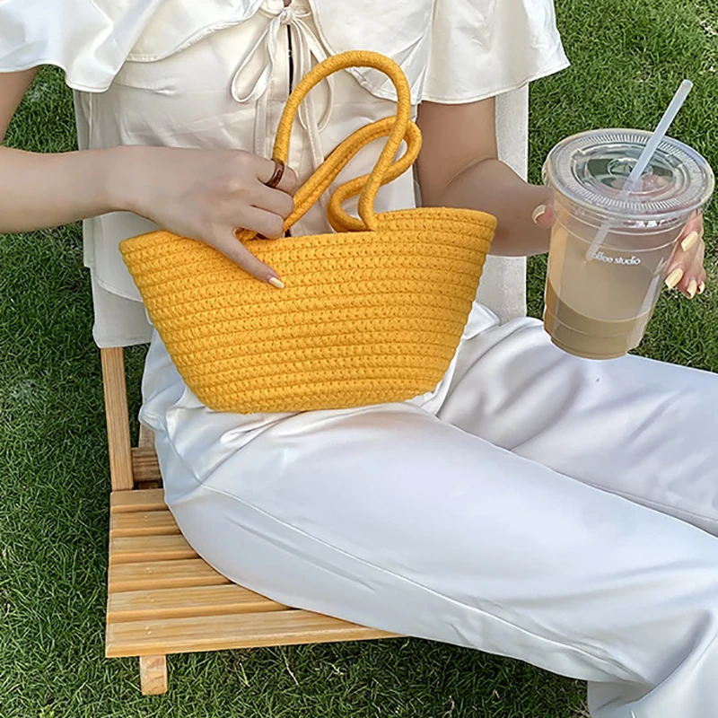 

Летняя плетеная Повседневная Сумка-тоут, Женская богемная соломенная сумка для покупок ручной работы, вязаная корзина, портативная пляжная сумка для отпуска с ручками сверху