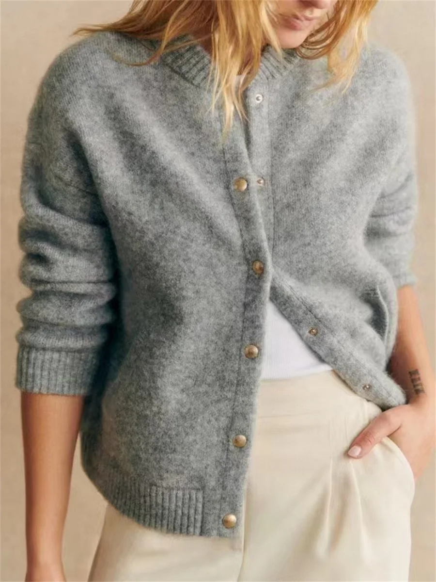 Осенний новый женский однобортный вязаный свитер с круглым вырезом серый
