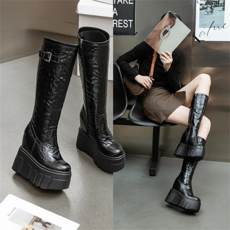 Женские мотоциклетные ботильоны челси до колена из натуральной кожи на