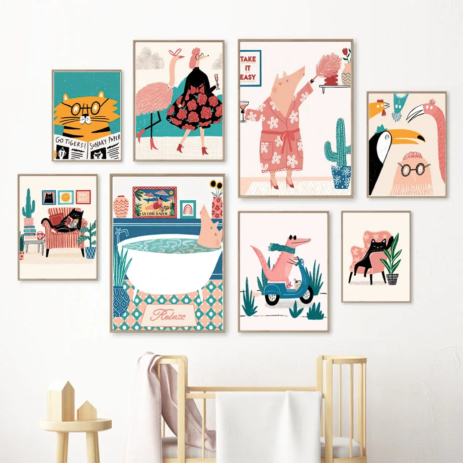 Настенная роспись с забавными животными чтение кошка ванночка свинья шоппинг