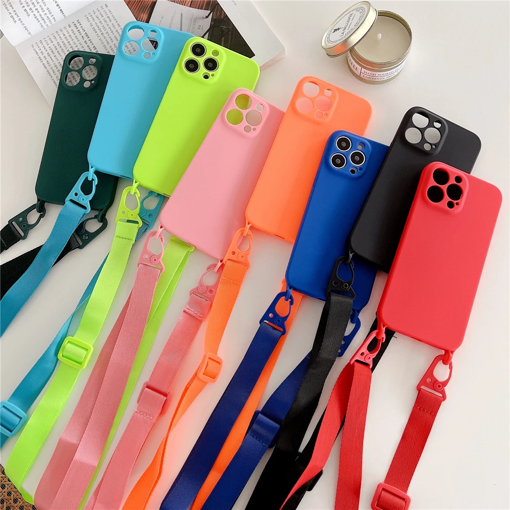 

Luxury Crossbody Lanyard Necklace Soft Silicone Case for IPhone 11 12 13 Pro Max Mini XS XR X 7 8 Plus SE Cord Strap Chain Cover