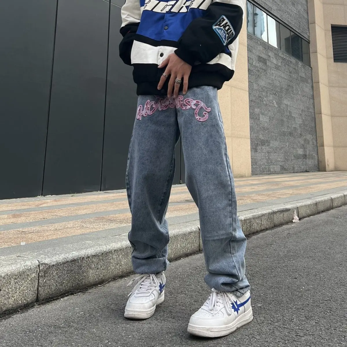 Y2K retro street print alphabet star jeans men and women hip-hop high street spring and autumn loose straight drag casual pants