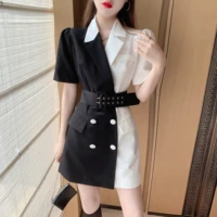 2022 summer new high end design lapel bubble sleeve black and white stitching contrast lace up fashionable and elegant dress