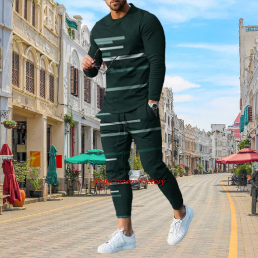 Spring And Summer Tracksuit Men's Long Sleeve T-Shirt 2 Piece Set 3D Black Pattern Street  Pant Set Oversized Jogging Suit