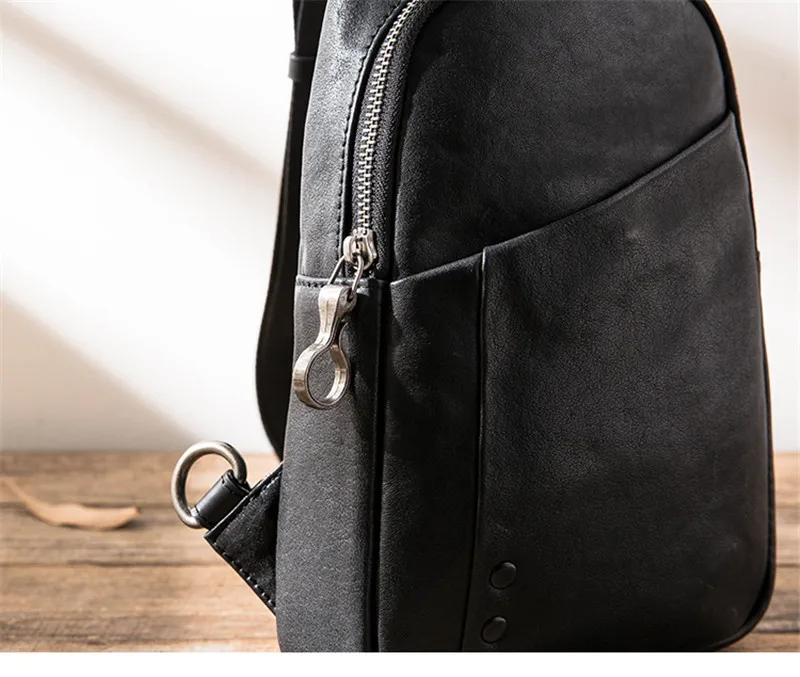 Retro fashion designer natural genuine leather men black chest bag outdoor sports lightweight first layer cowhide motorcycle bag