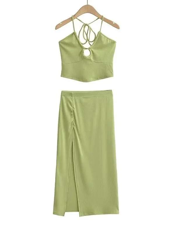 Новый летний висячий женский однотонный тонкий топ на шнуровке + длинная юбка