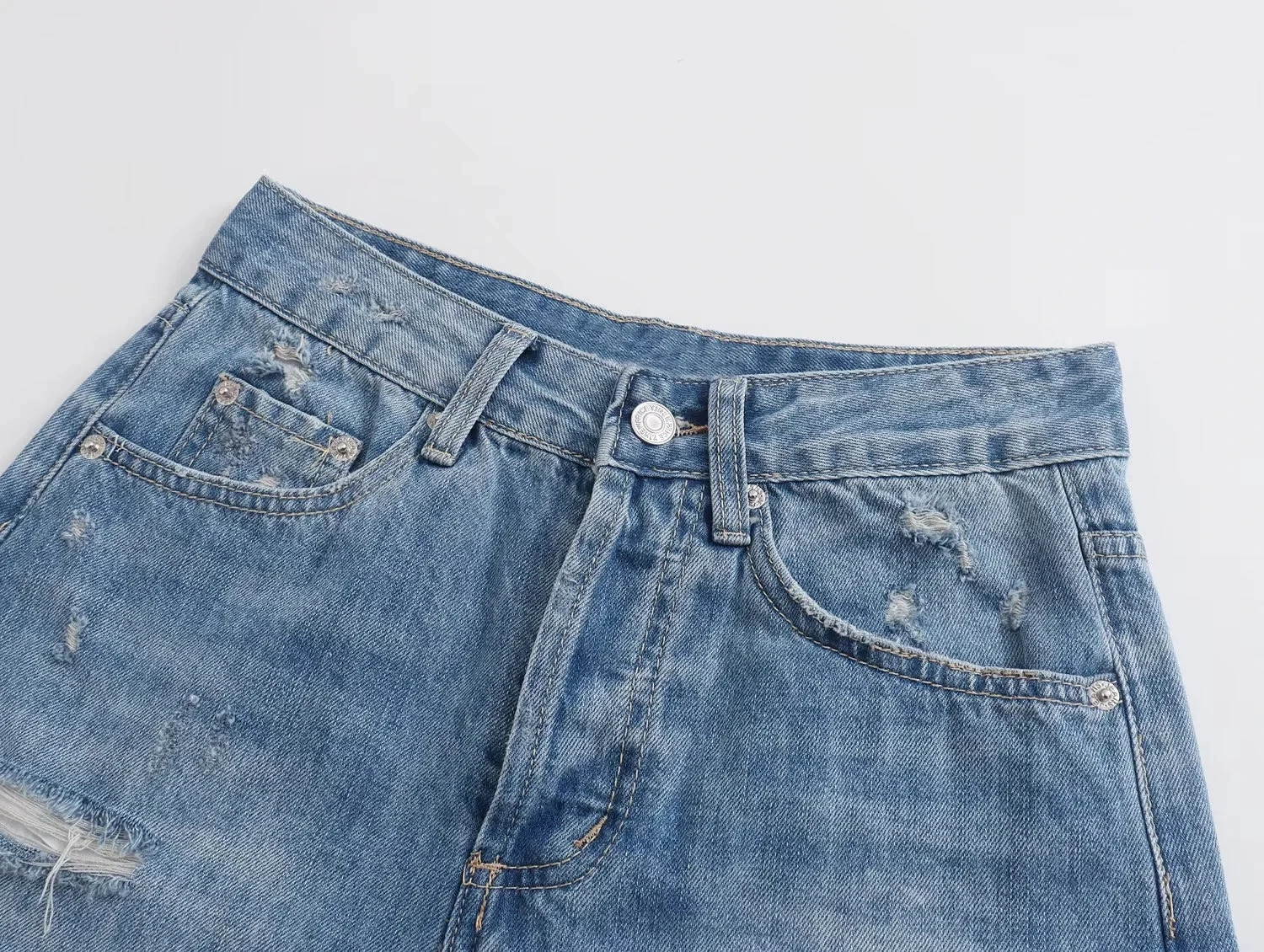 Dave&Di Ripped Loose Bermuda Mom Shorts Women Fashion Simple Denim Blue Shorts
