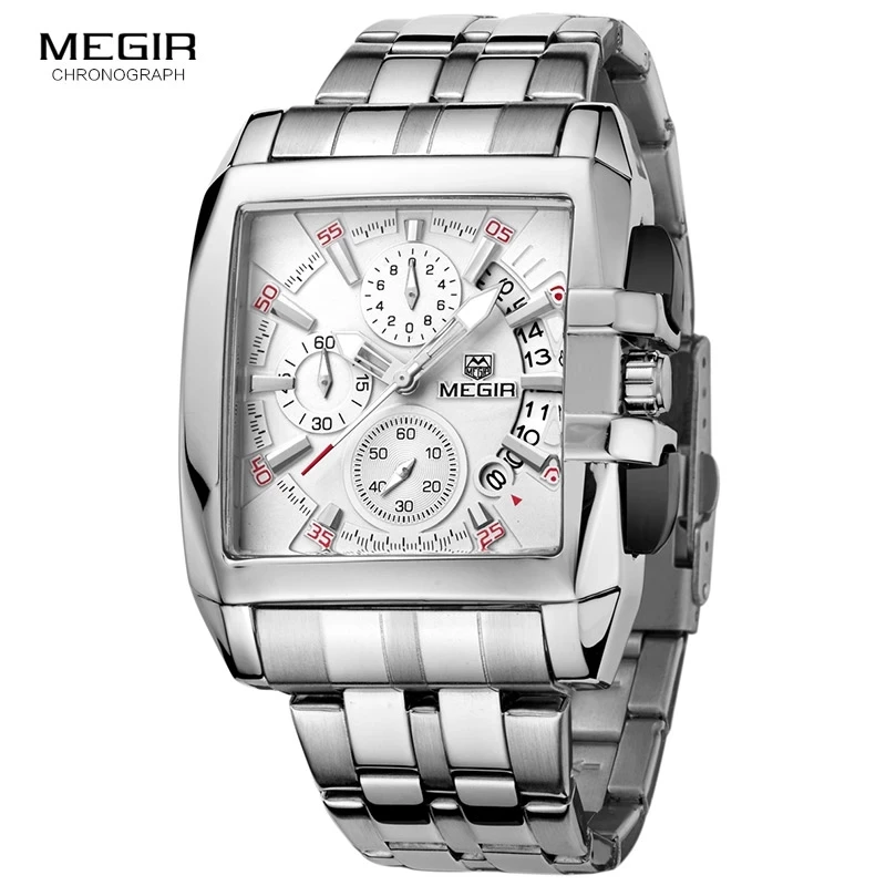 

MEGIR hot fashion men's business quartz watches luxury stainless steel wristwatch for man luminous three-eyes watch for male
