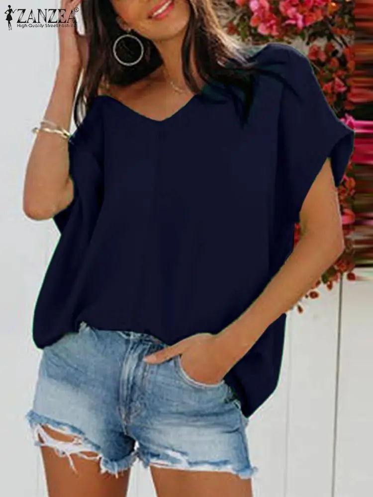 

ZANZEA Summer Women Elegant Blouse Femme Short Sleeve V-Neck Baggy Solid Color Thin Tops Fashion Vintage Work OL Loose Shirt