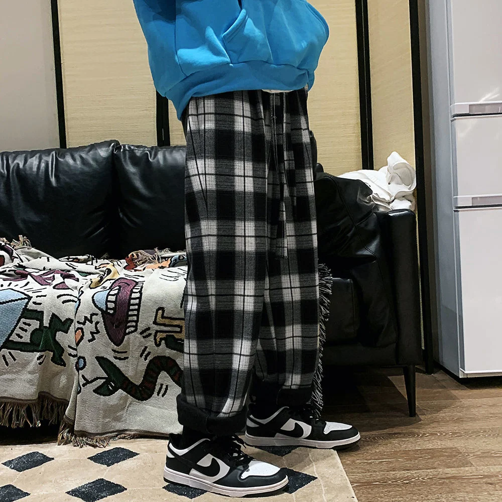 

Женские прямые клетчатые флисовые брюки noestal, черные, белые женские повседневные брюки с широкими штанинами, брюки для девочек с эластичным ...