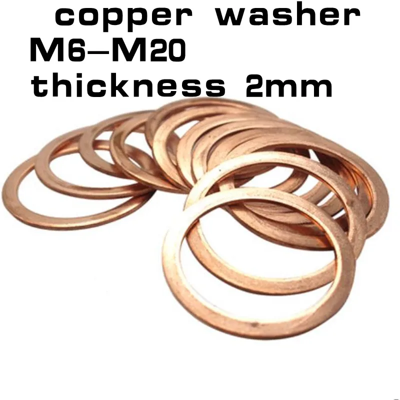 

10pcs M6 M8 M10 M12 M14 M15 M16 M18 M19 M20 thickness 2mm Solid Copper Washer Shim Flat Ring Gasket Rings Seal Plain Washers