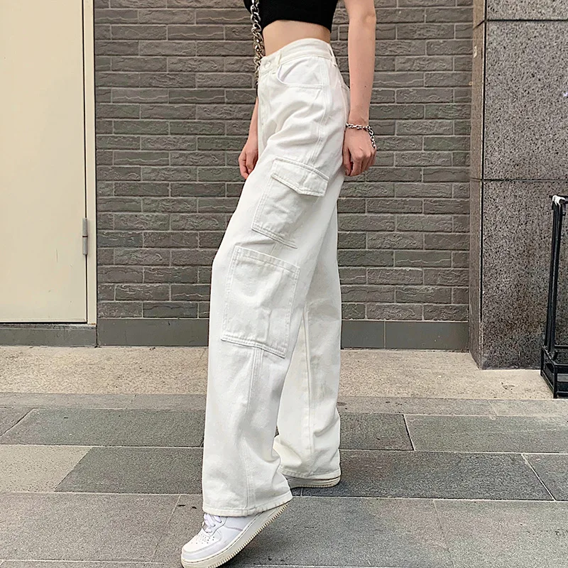 2023 Vintage Solid Overalls Trouser Women Fashion White Blue High Waist Casual Jeans Loose Omighty Wide Leg Pocket Cargo Pants