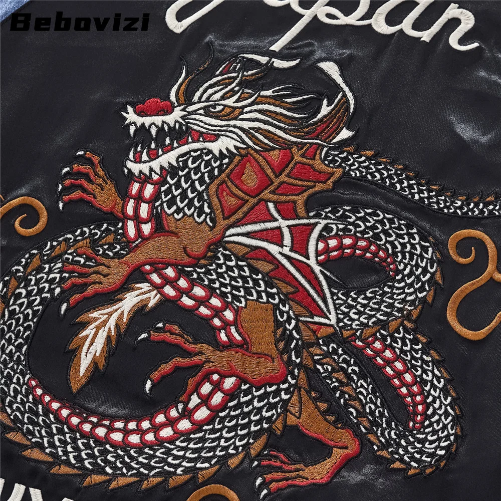 Фото Синяя куртка на молнии с вышивкой Tokyo Dragon, уличная одежда в стиле хип-хоп, мужское японское бейсбольное пальто в стиле Харадзюку, одежда №5