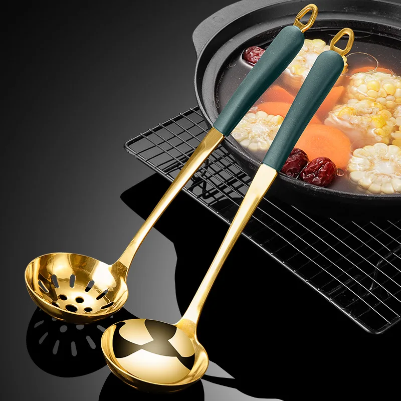 

Stainless Steel Soup Spoon Silicone Handle Hot Pot Tablespoons Colander Hotel Kitchen Long Porridge Ladle Skimmer Tableware