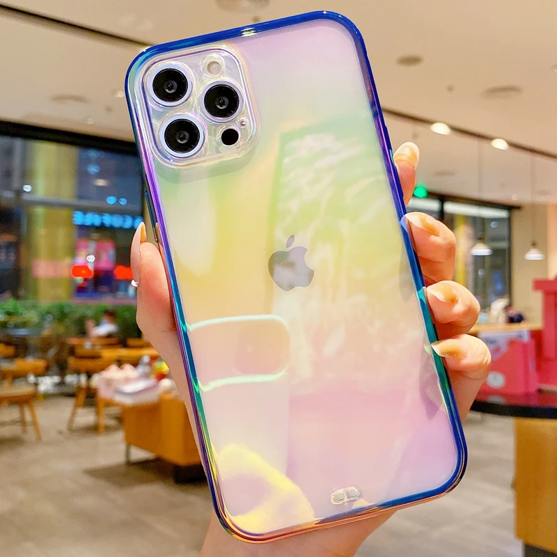 Gradient Color Transparent Case For iPhone 14 12 13 11 Pro Max X Xs Xr 7 8 Plus Shockproof Rainbow Laser Aurora Cover TPU Coque