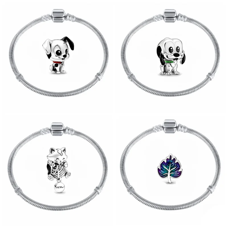 

MC Retro Silver Color Dripping Oil Leaves Dog Mermaid Boy Beads 2021 Trend Charms Pendant Bracelets For Women Fashion Jewelry