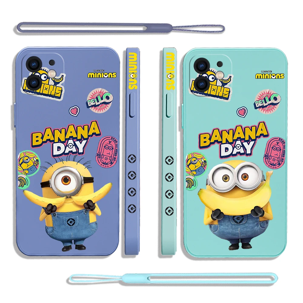 Мультяшный чехол M-MinionsS для телефона iPhone 15 14 13 12 11 Pro Max Mini X XR XS MAX SE20 8 7 Plus, силиконовые чехлы с ремешком на руку