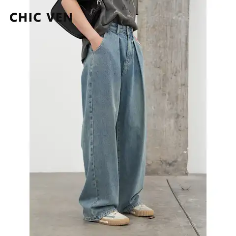 CHIC VEN Women's Jeans Casual Vintage Loose Straight Tube Woman Denim Pants Mom Jeans Female Trousers Spring Autumn 2022