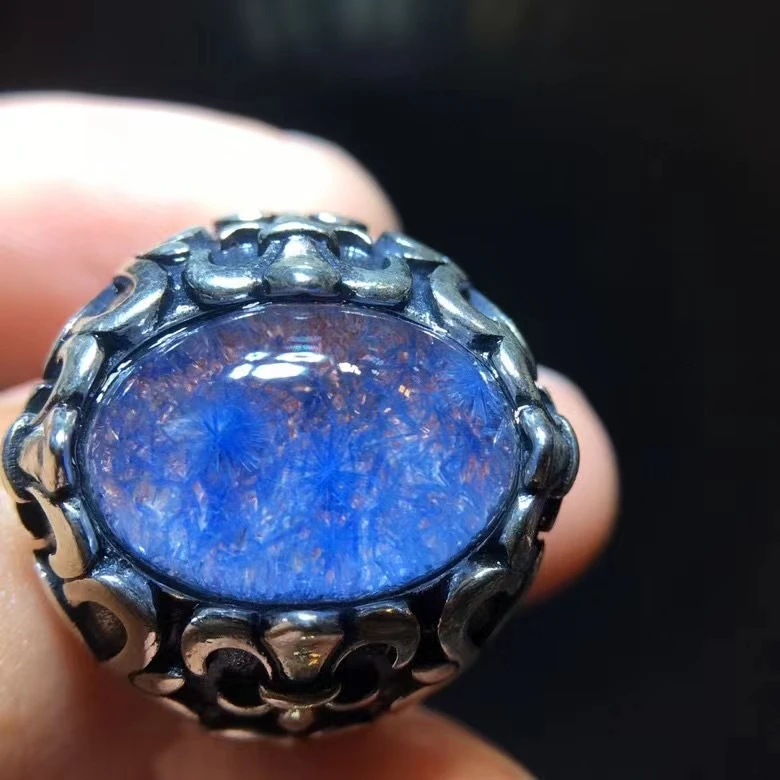

Natural Blue Rutilated Dumortierite Quartz Adjustable Ring 14.5/10.2mm Oval Crystal 925 Sterling Silver Ring Jewelry AAAAAA