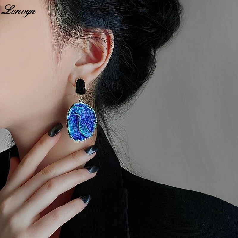 

New Klein Blue Starry Sky Texture Earrings For Women Ins Niche Design High Class Elegant Earrings Blue Earrings for Women