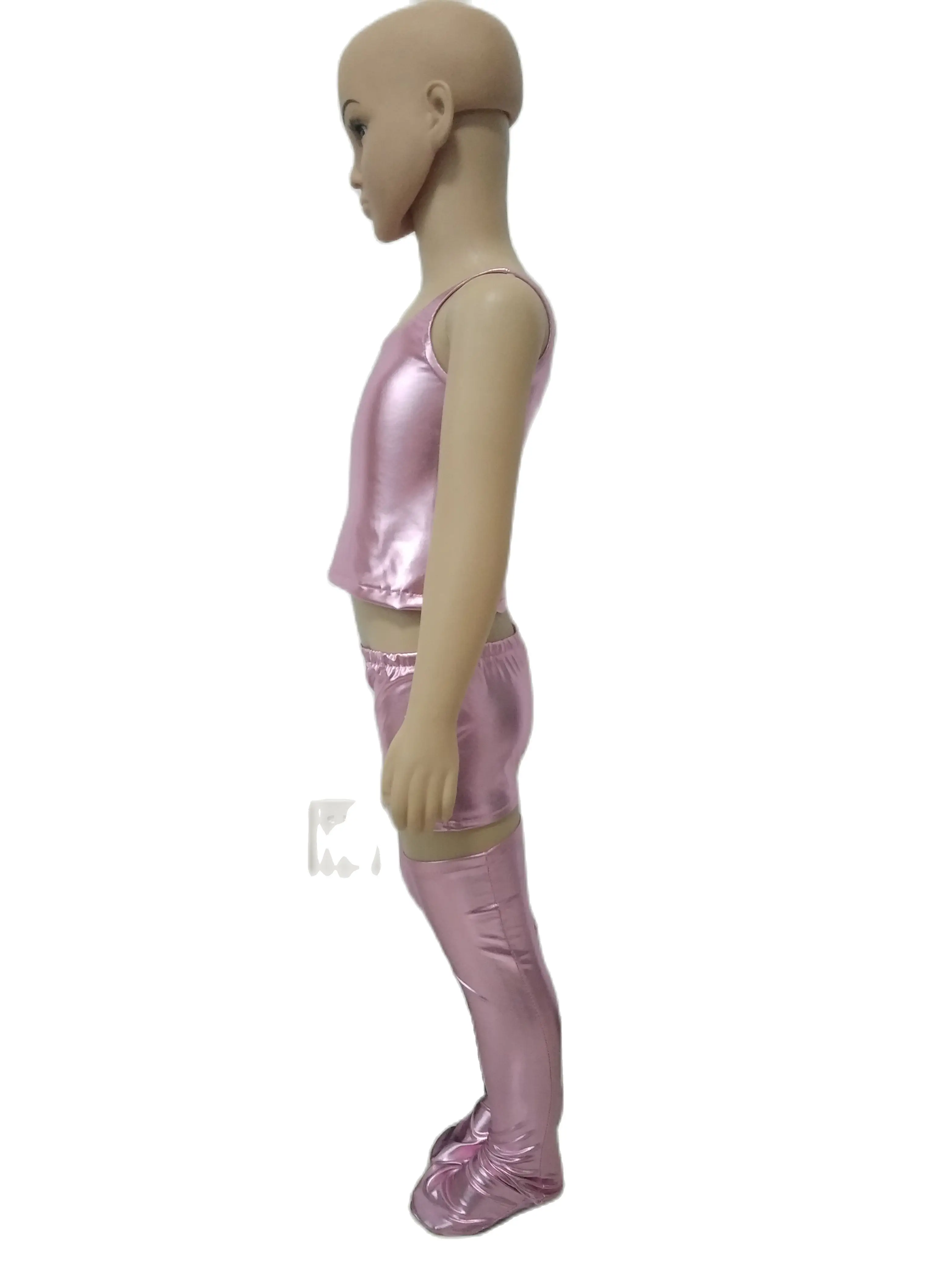 Сексуальный костюм для девочек из трех предметов Блестящий металлический