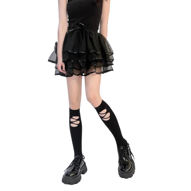 

Women Dark Gothic Lolita Knee High Socks Harajuku Punk Asymmetrical Distressed Ripped Hole Street Black Personality Thin T8NB