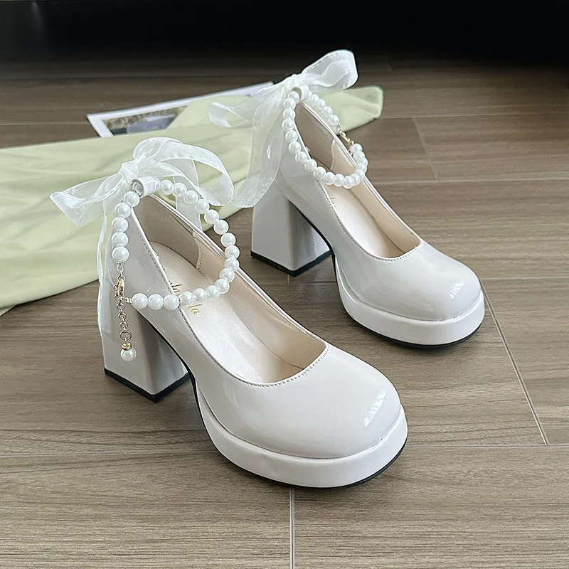 New Mary Jane Women Pumps Lolita Round Toe Shoes Ladies Thick High Heels Shoes Female Spring Fashion Genuine Leather Shoes Woman