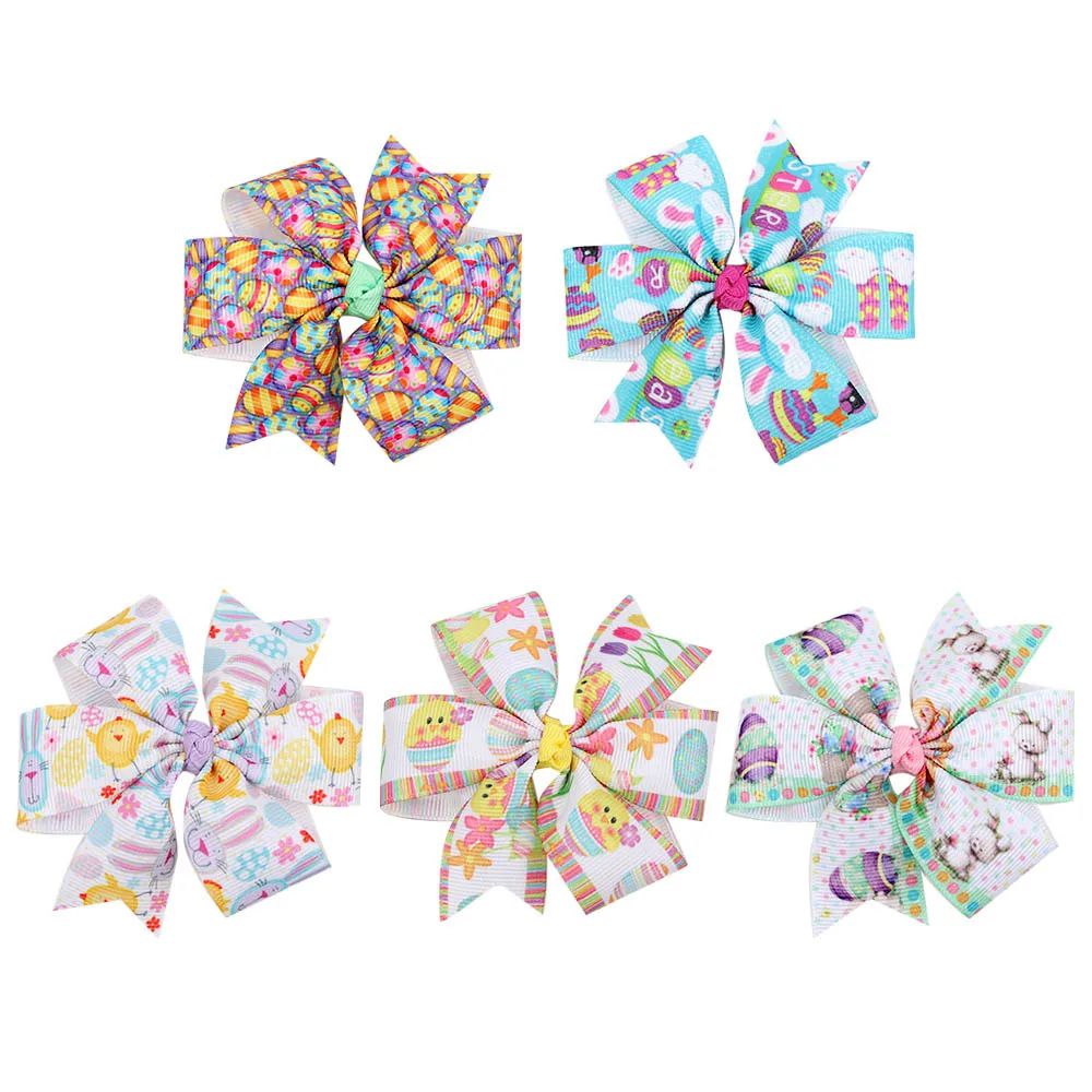

Easter Day Big Grosgrain Ribbon Bowknot Print Hair Clips Baby Girl Animal Print with Fishtail Barrettes Baby Girl Accessories